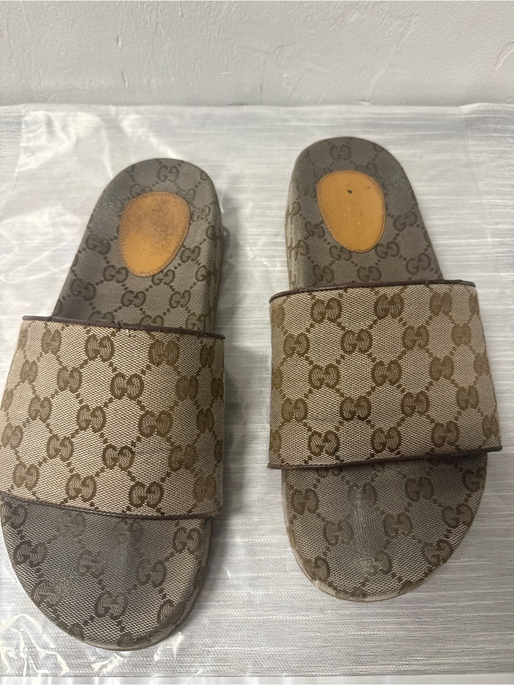 Gucci Brown Beige GG Canvas Slide Sandals